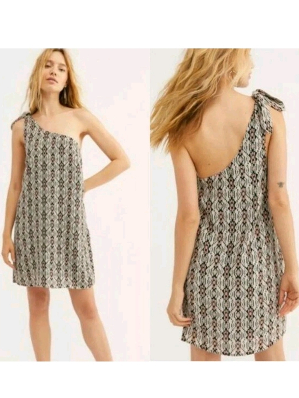 Free People Women's Mini Dress One Shoulder Black Brown Geometric Pattern Size 0